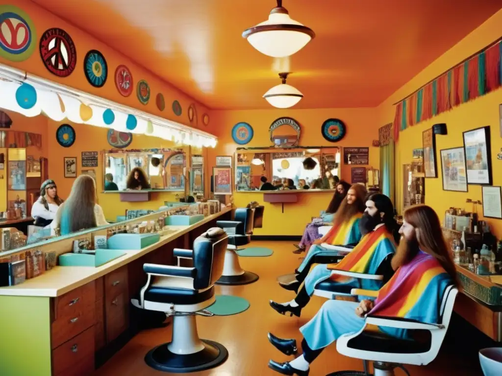 Influencia hippies en barbería: Vibrante imagen de barbería de los 60, reflejando esencia contracultural hippie