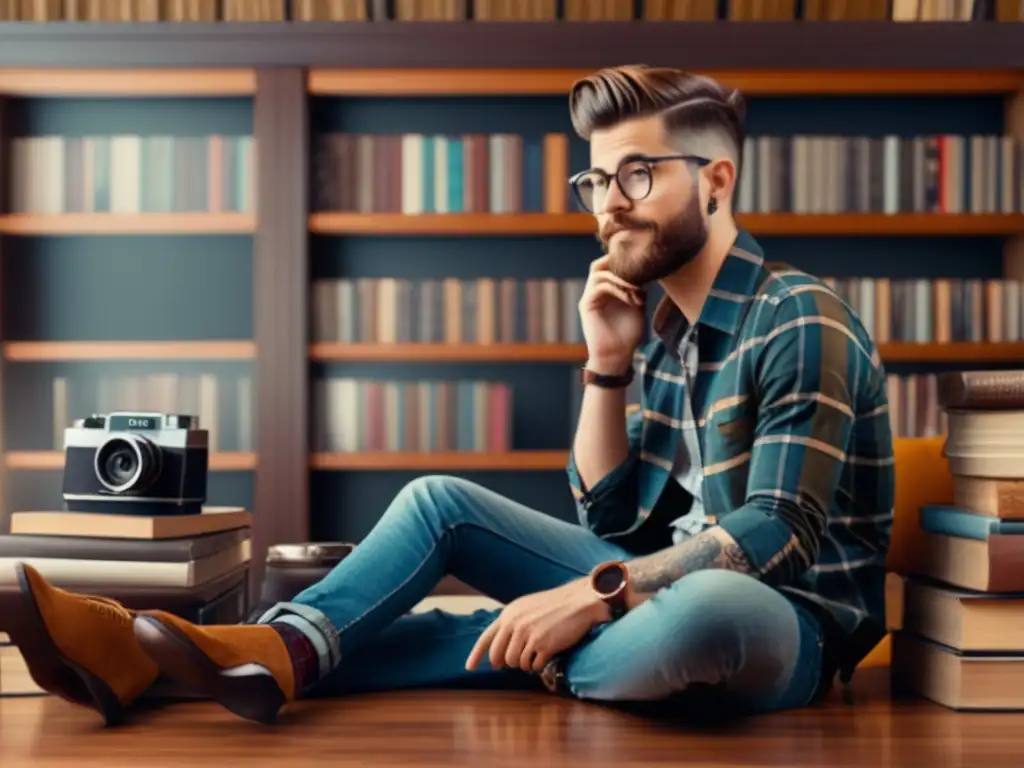 Un hipster moderno rodeado de accesorios retro y trendy en una acogedora cafetería