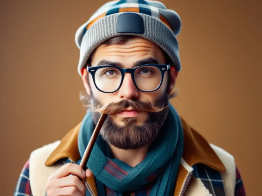 Hipster moderno limpiando gafas con accesorios imprescindibles en fondo minimalista