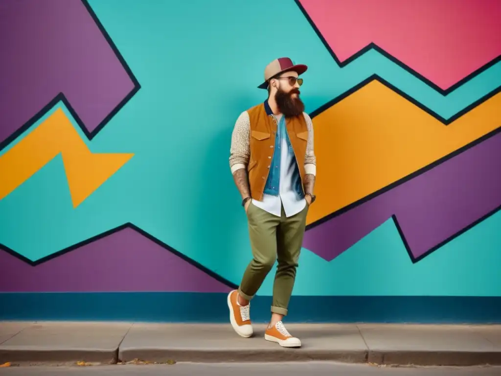 Hipster moderno con accesorios imprescindibles en entorno urbano de graffitis 8k