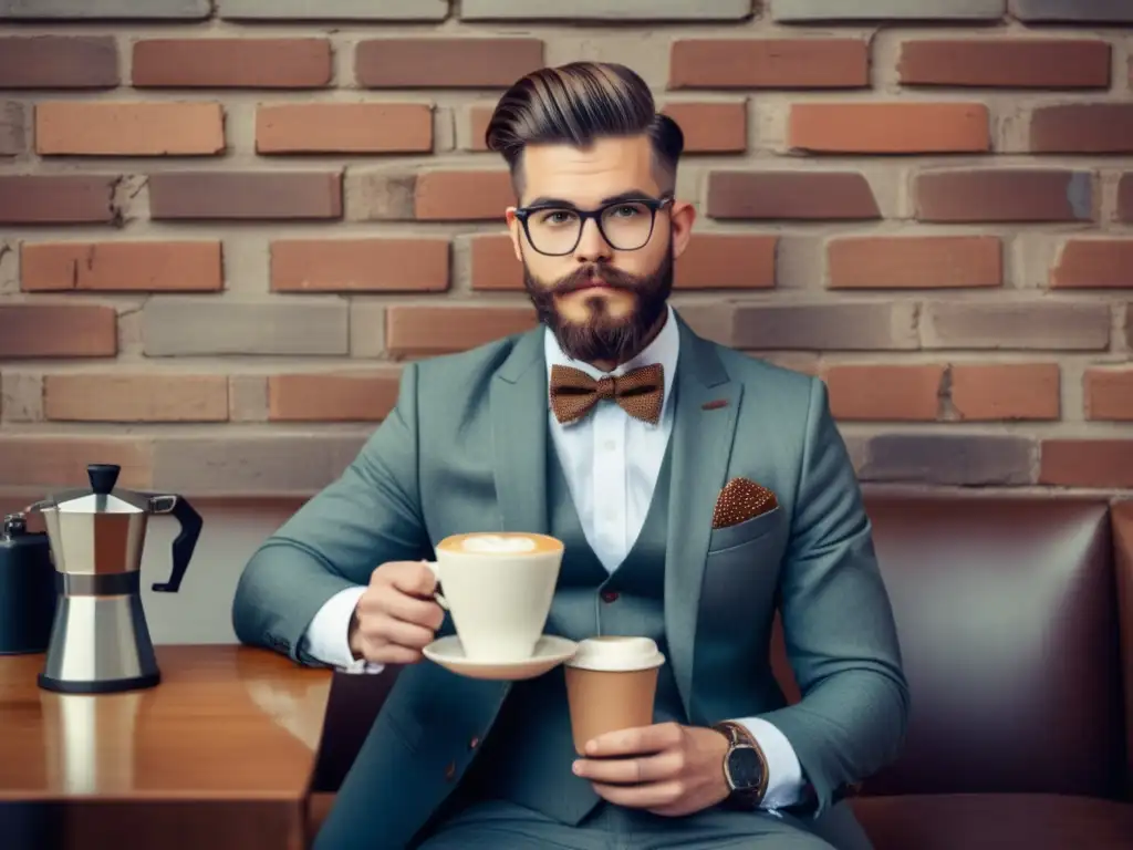 Un moderno hipster en una cafetería trendy con traje vintage, taza de café artesanal, cámara retro y accesorios imprescindibles