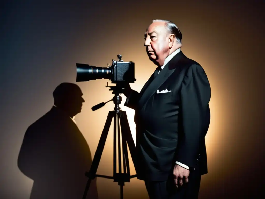 Icono de Alfred Hitchcock, maestro del suspenso, en un set de cine oscuro, con traje impecable y mirada intensa