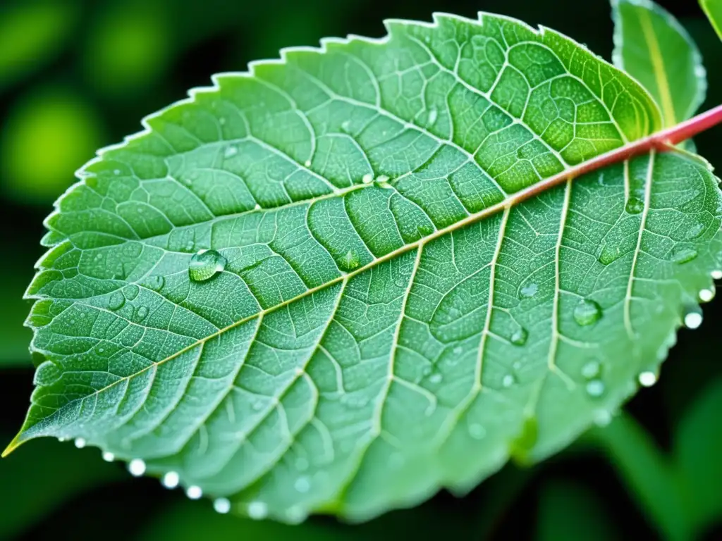 Hoja verde con venas y gota de rocío, representa vitalidad y prevención de la calvicie con ejercicio