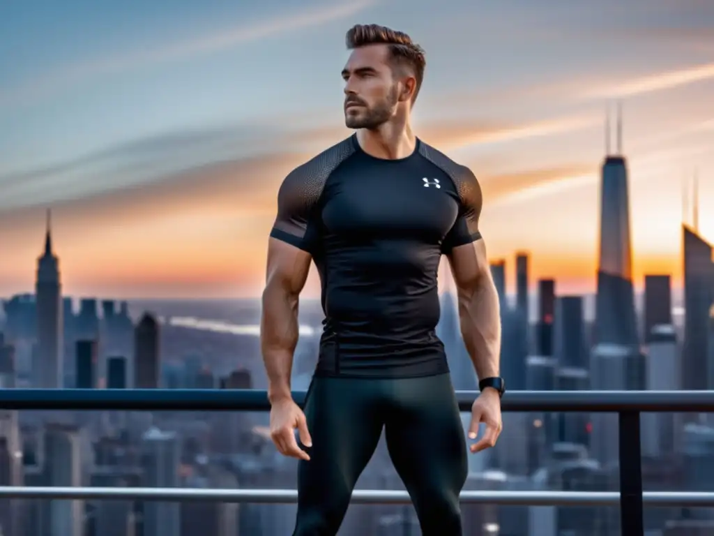 Consejos de estilo activewear masculino en una imagen 8k de un hombre elegante en un gimnasio con vista a una ciudad al atardecer