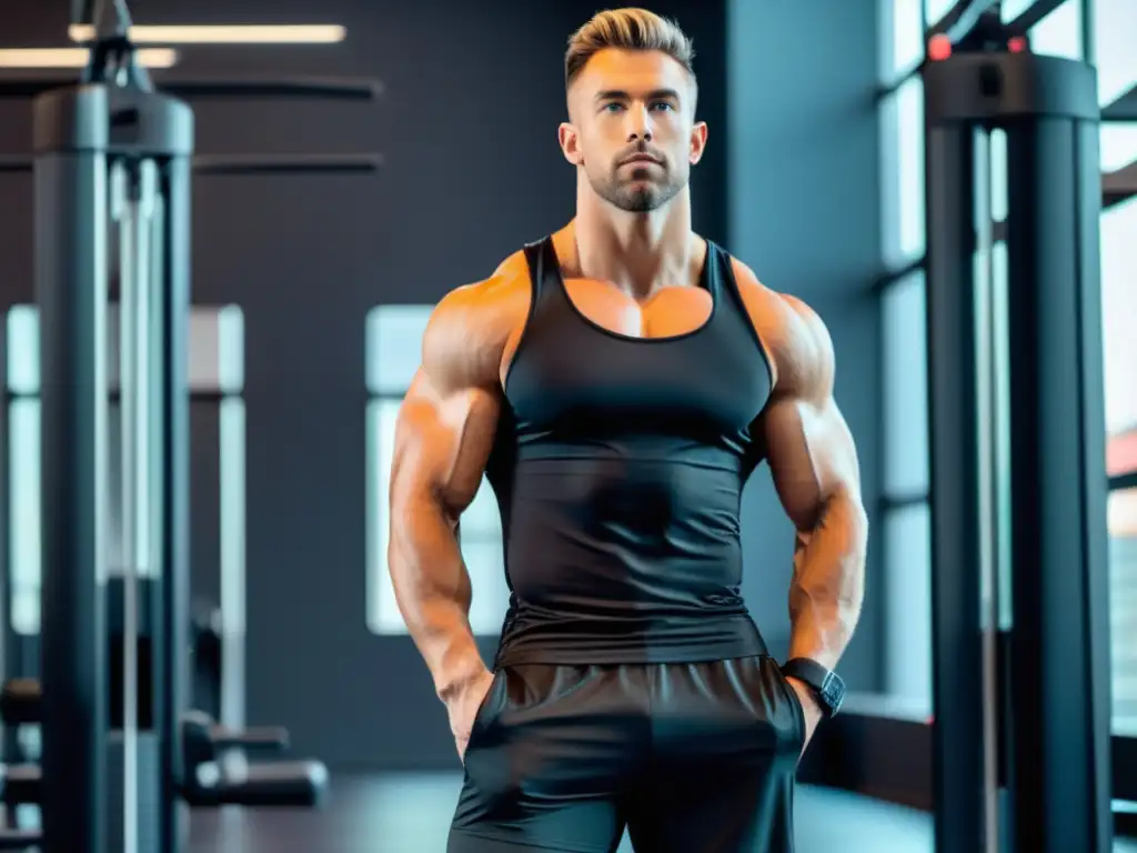 Beneficios activewear hombres: hombre musculoso en gimnasio moderno, con ropa ajustada y colorida, reflejando estilo, funcionalidad y profesionalismo