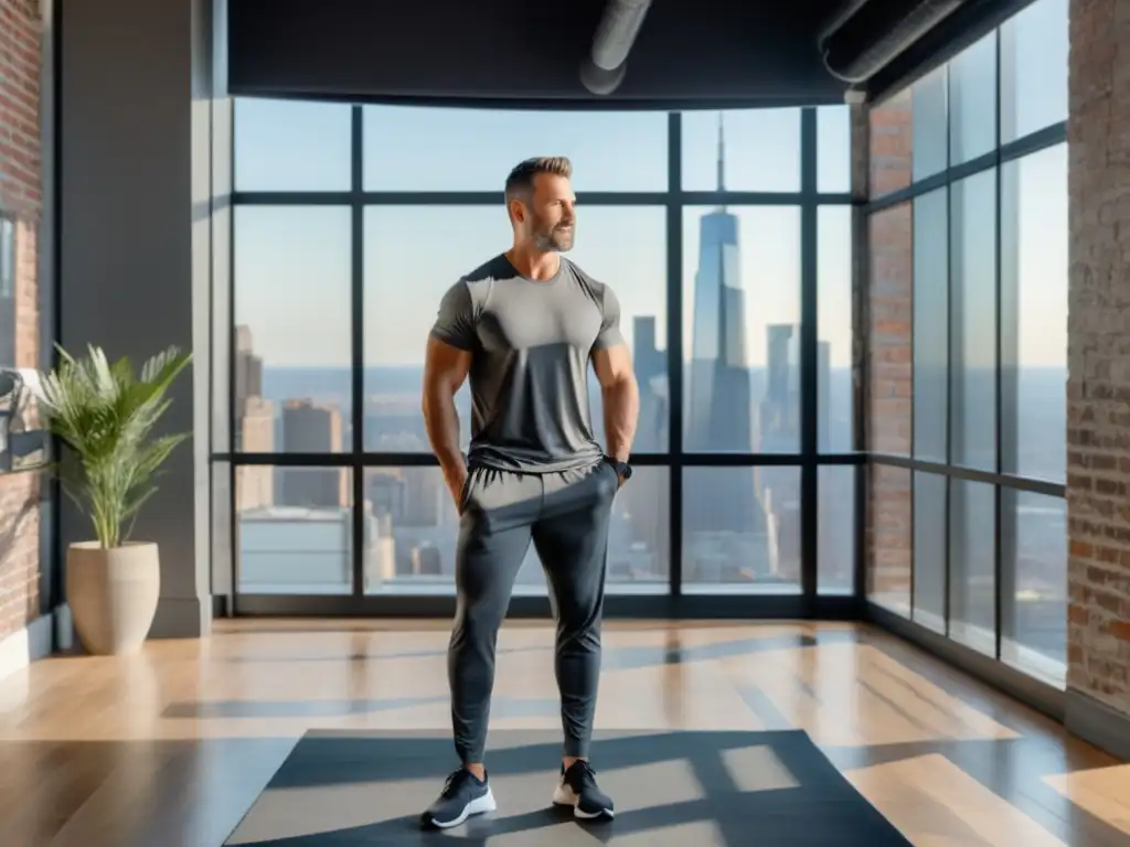 Hombre moderno en loft con activewear: comodidad, estilo y tecnología avanzada (110 caracteres)