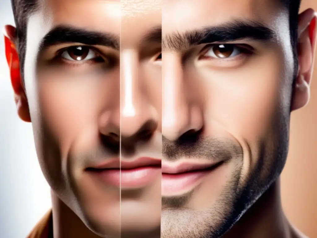 Rostro masculino con piel suave y sin irritación, antes y después de la rutina de cuidado de piel y afeitado masculino