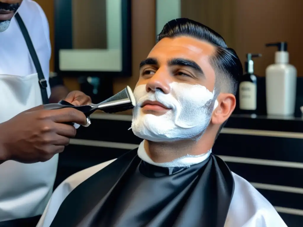 Closeup de afeitado perfecto en barbería: hombre sentado en silla moderna, barbero con brocha y navaja, crema blanca y suave