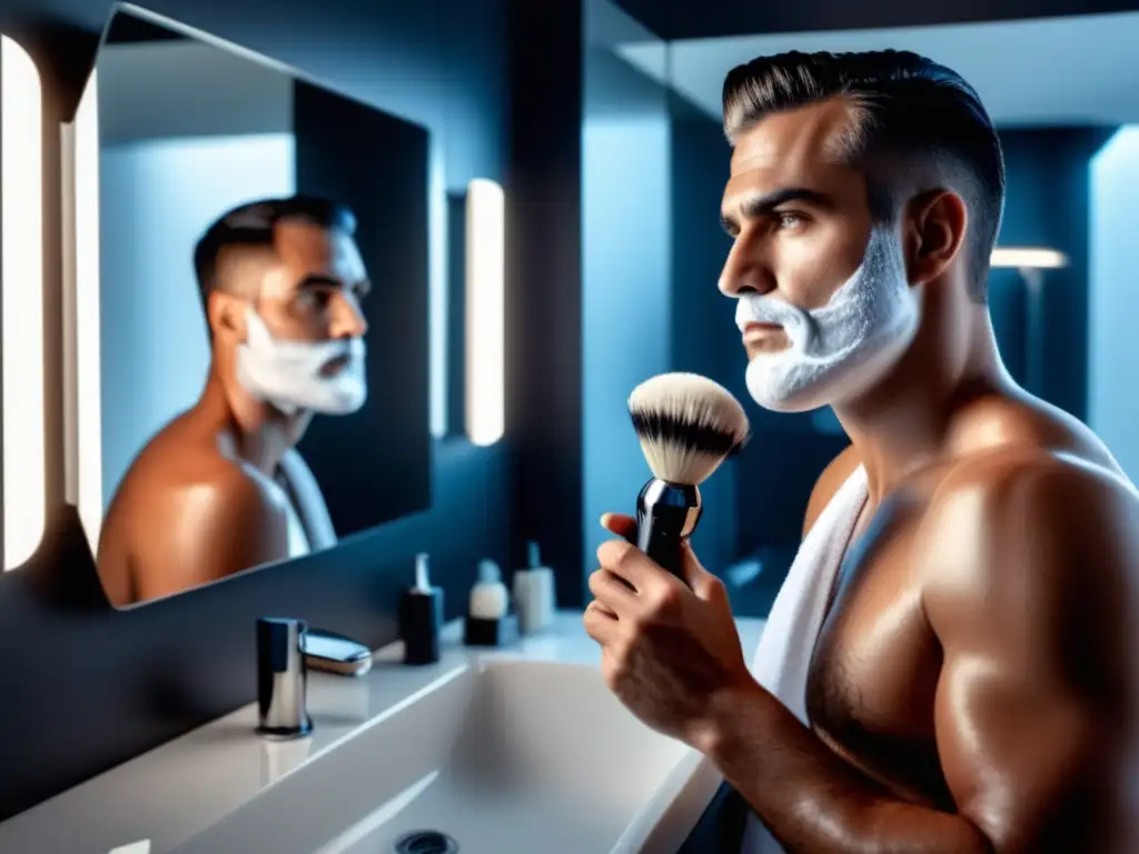 Un hombre bien arreglado en un baño moderno, aplicando crema de afeitar y usando una brocha y una navaja clásica