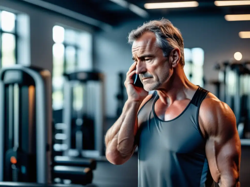 Hombre mayor de 40 en gimnasio, fatigado pero determinado