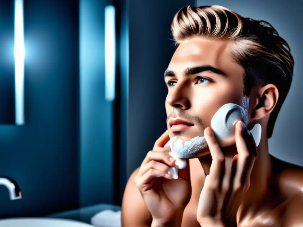 Joven aplicando crema facial, resalta importancia cuidado piel masculina (110 caracteres)