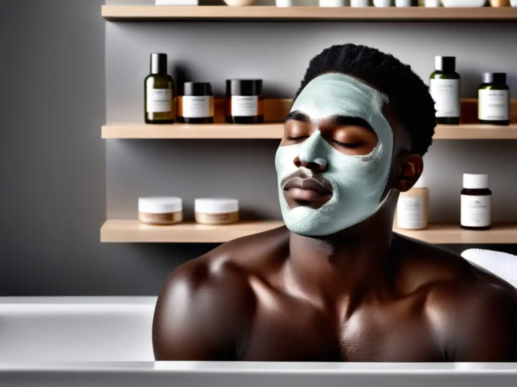 Hombre aplicando mascarilla facial, resalta beneficios del cuidado personal masculino (110 caracteres)