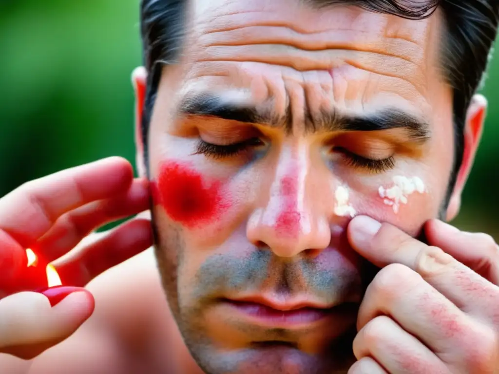 Hombre aplicando remedio casero a piel irritada