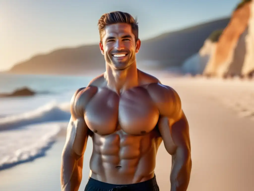 Hombre en forma y seguro de sí mismo, destacando los beneficios de la actividad física en la apariencia masculina en una playa soleada