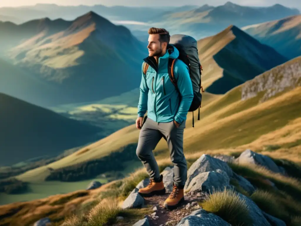 Hiker elegante en montaña (50 caracteres) Ropa masculina para escapada montaña: hiker elegante en pico con vista panorámica, montañas nevadas y valles verdes