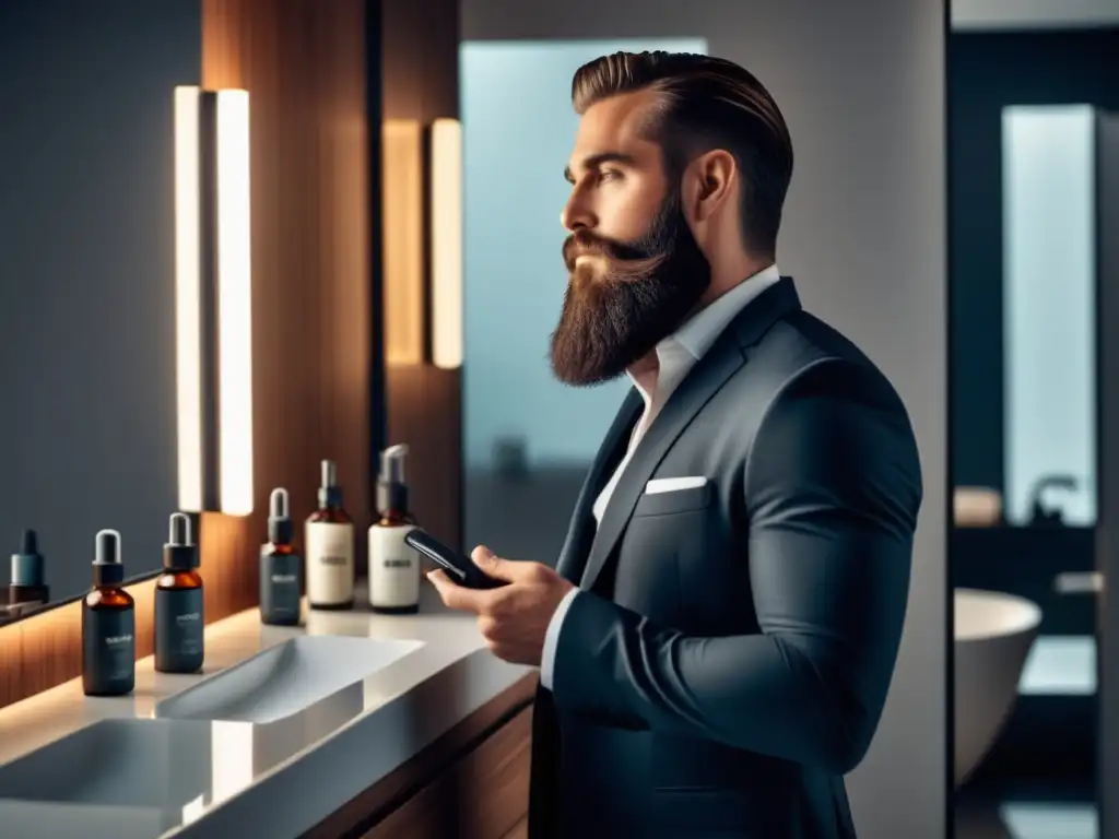 Hombre moderno aplicando aceite para barba con productos de cuidado de barba para hombres