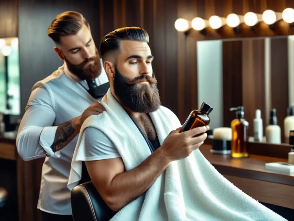 Hombre con barba en una barbería, aplicando productos para cuidado de barba