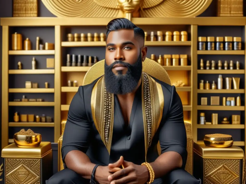 Hombre moderno en trono dorado, con barba trenzada y productos para cuidado barba evolución