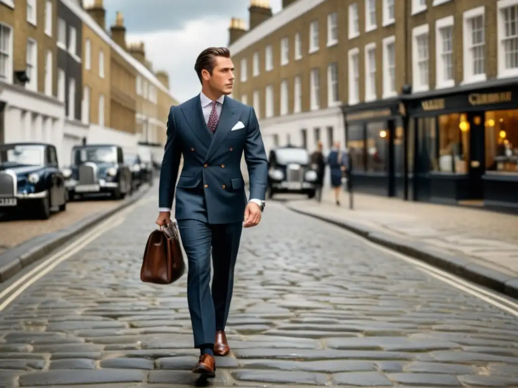 Influencia moda británica: Caballero británico elegante caminando en Londres, con traje de tres piezas clásico, corbata de seda y camisa blanca