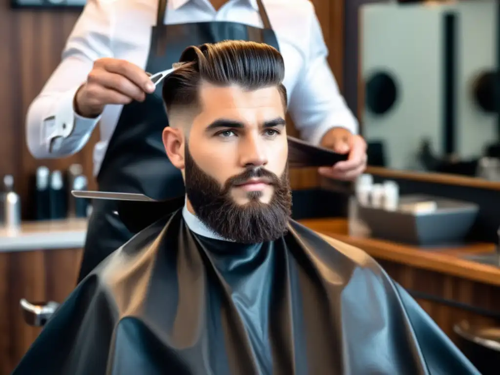 Hombre con pelo grueso en barbershop, corte de pelo profesional y moderno