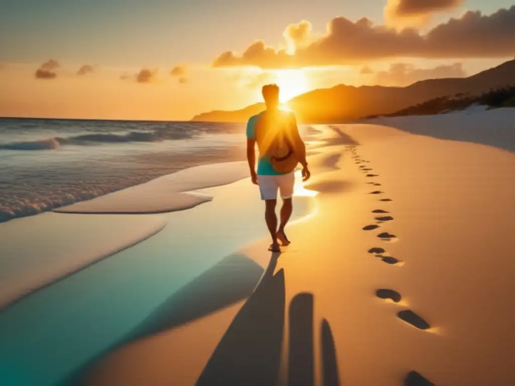 Hombre caminando en una playa pintoresca al atardecer, resaltando la moda masculina de playa