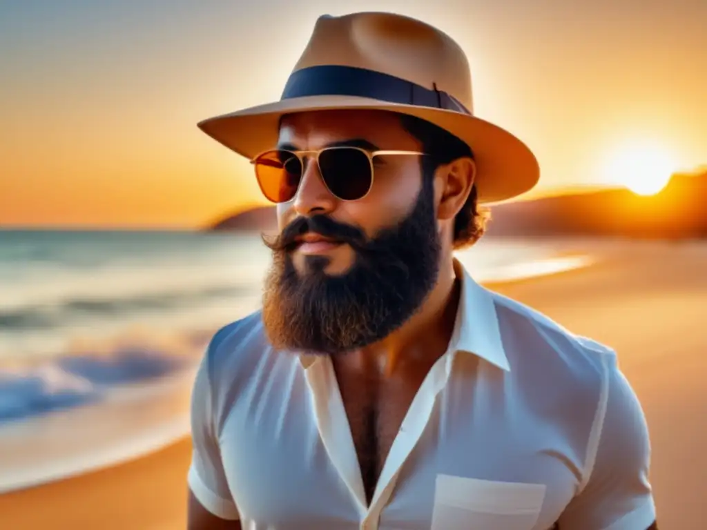 Rutina cuidado facial masculina: Hombre con barba y piel radiante, en playa dorada al atardecer, protegido del sol con elegancia