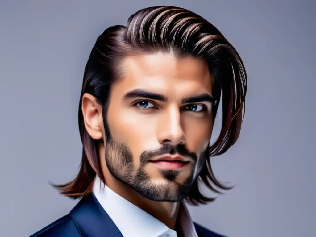 Hombre elegante con cabello liso y fino, reflejando sofisticación y el uso de productos de acabado para el cabello masculino