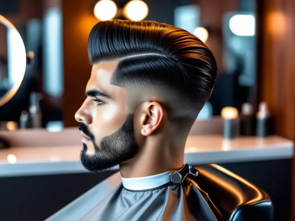 Detalle de modelo masculino con cabello estilizado, reflejado en espejo, mostrando beneficios y uso de productos de acabado