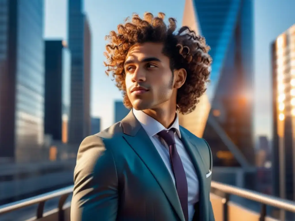 Hombre con cabello rizado moderno y peinado elegante en la ciudad