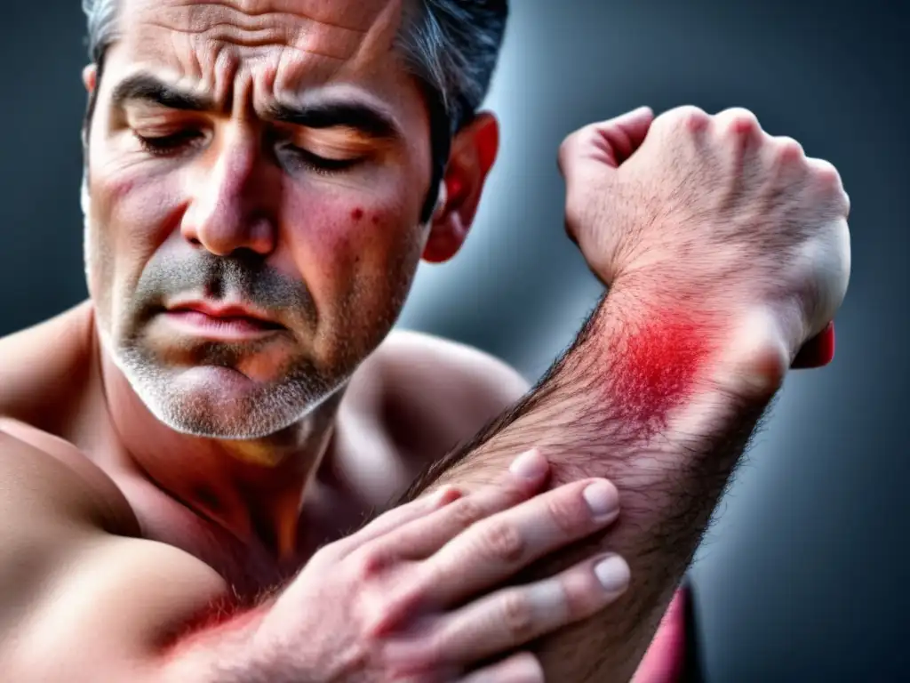 Hombre con ronchas rojas en el brazo, mostrando textura de piel detallada