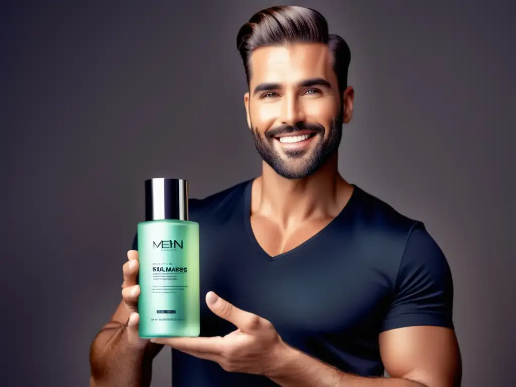 Hombre impecable con piel perfecta y producto de belleza masculina de lujo -