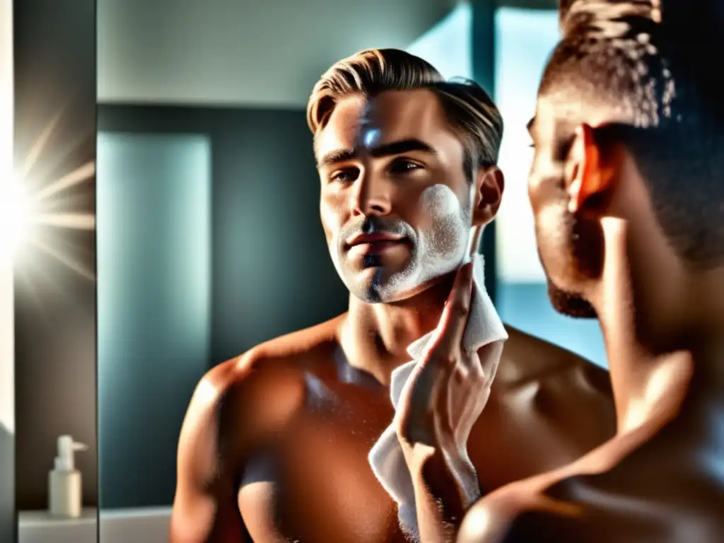 Hombre con piel perfecta, aplicando limpiador facial en espejo - Protección solar para hombres: guía completa