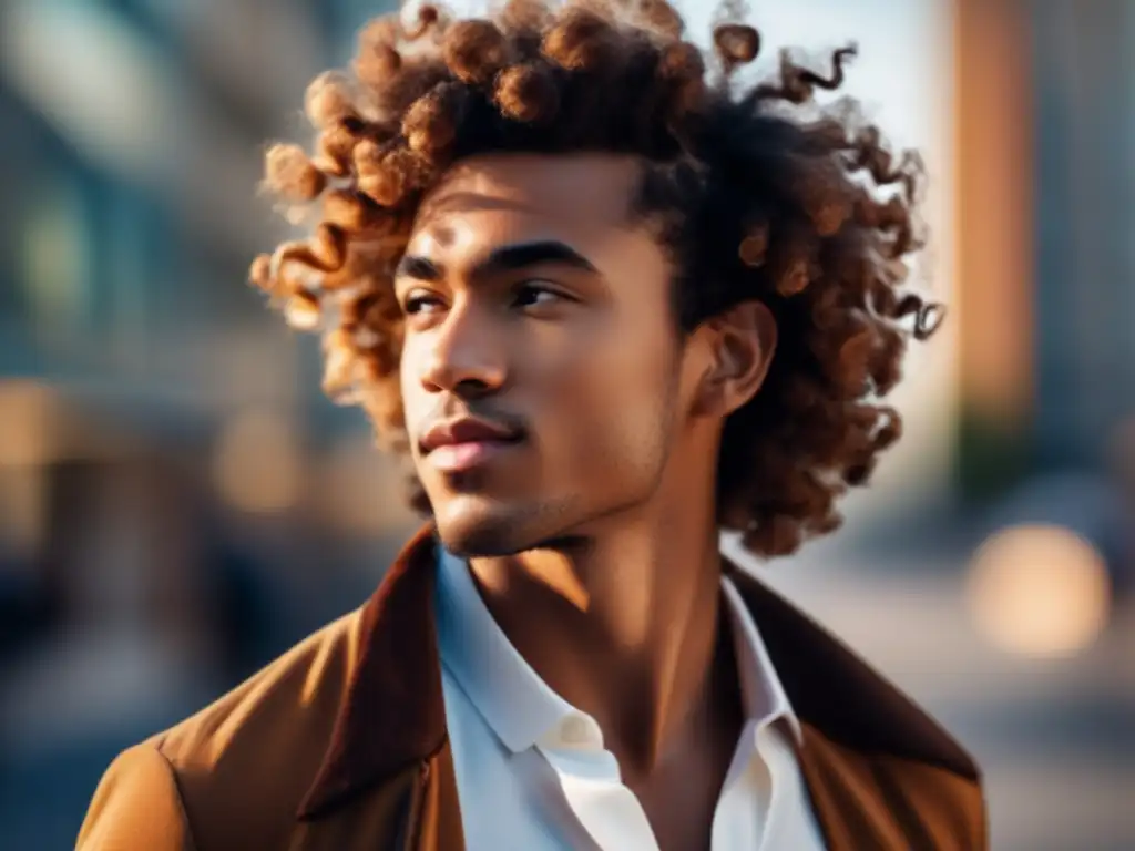 Joven con cabello rizado en un entorno urbano vibrante, mostrando la textura y volumen de sus rizos