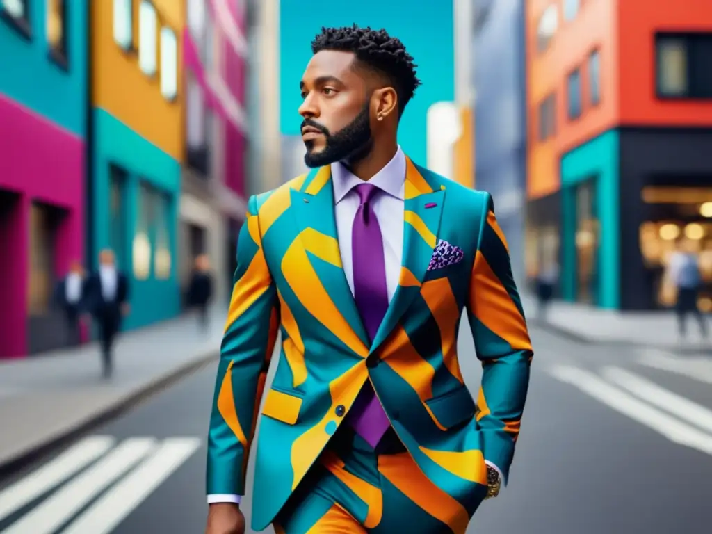 Hombre elegante con traje de estampados atrevidos, moda masculina (110 caracteres)