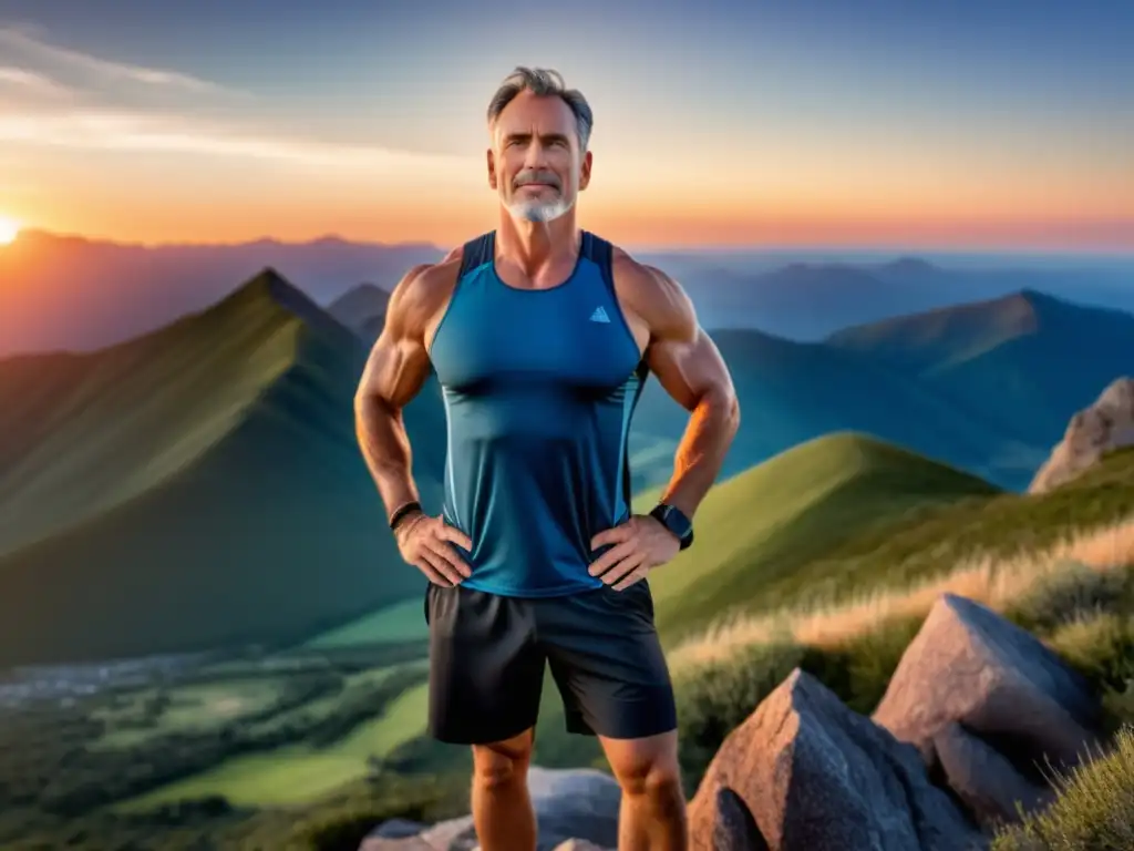 Hombre en forma y confiado disfrutando del atardecer en la cima de una montaña