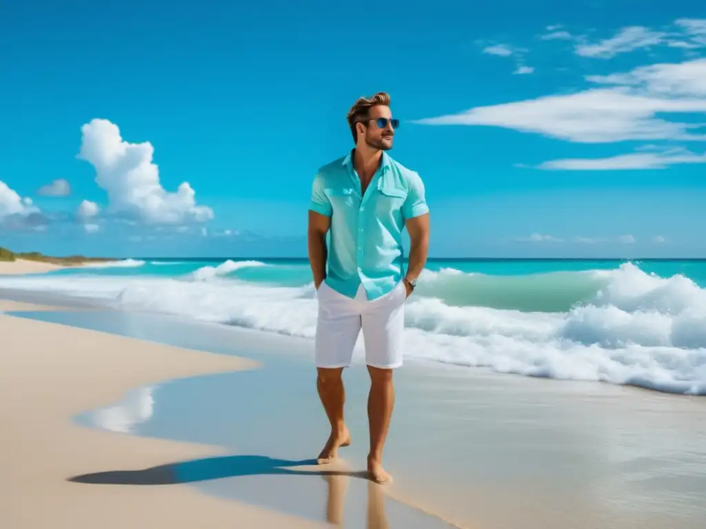 Un hombre seguro y elegante en la playa, con consejos de estilo masculino para vacaciones de playa