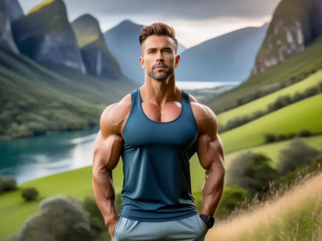 Hombre seguro y en forma en paisaje natural, ejercicios para autoestima masculina