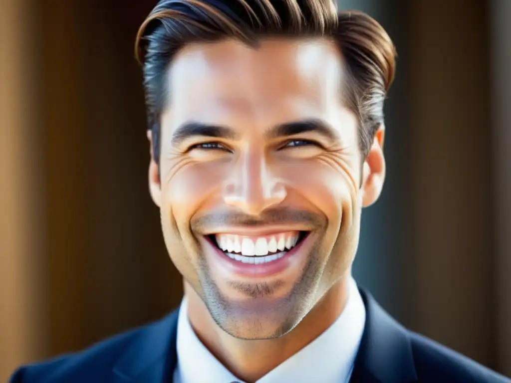 Hombre elegante con sonrisa brillante muestra importancia higiene bucal masculina