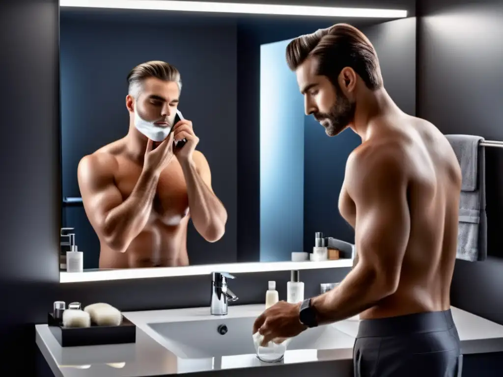 Hombre bien cuidado aplicando productos faciales con ergonomía en un baño moderno - Ergonomía para el bienestar masculino