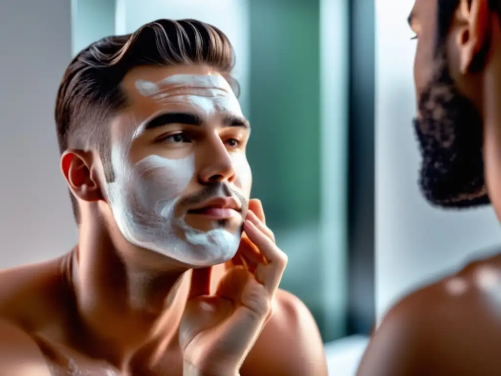 Soluciones para piel atópica hombres - Hombre aplicando productos suaves e hidratantes en su rostro, en un baño minimalista y moderno