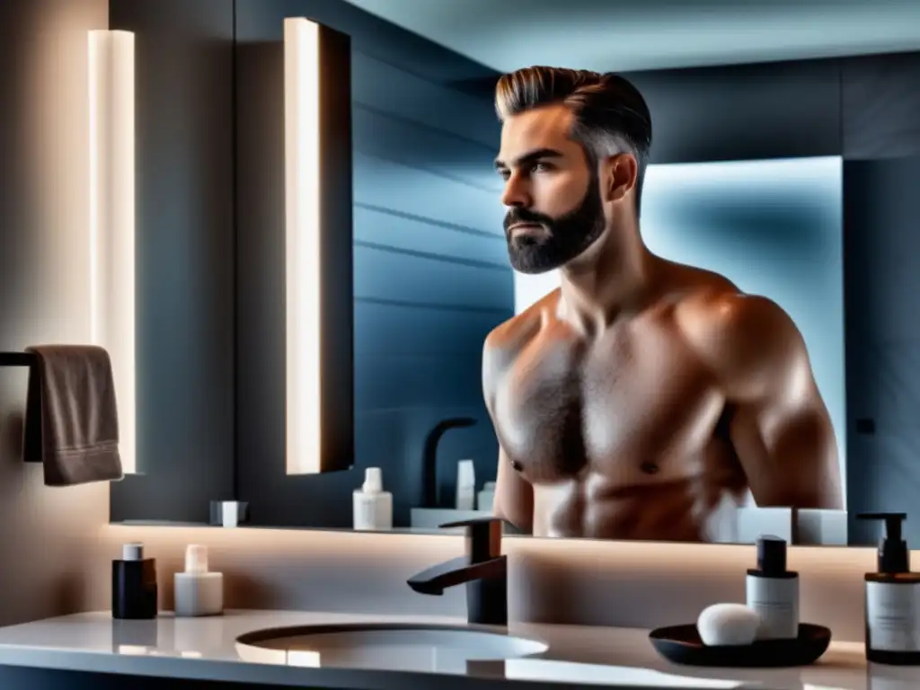 Hombre en baño moderno con piel radiante y productos de cuidado facial