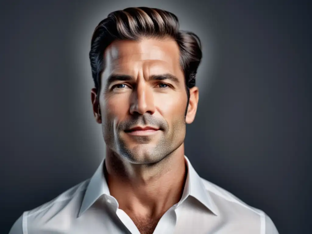 Hombre de treinta años con piel impecable y rutina de cuidado facial masculina en un elegante entorno minimalista