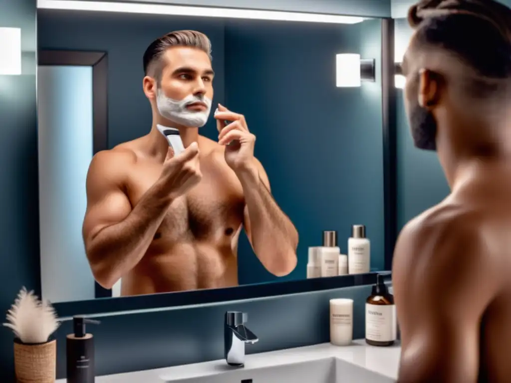 Cuidado piel post afeitado p/ hombres: imagen 8k de hombre con cara afeitada, espejo baño minimalista, productos afeitado, loción aftershave