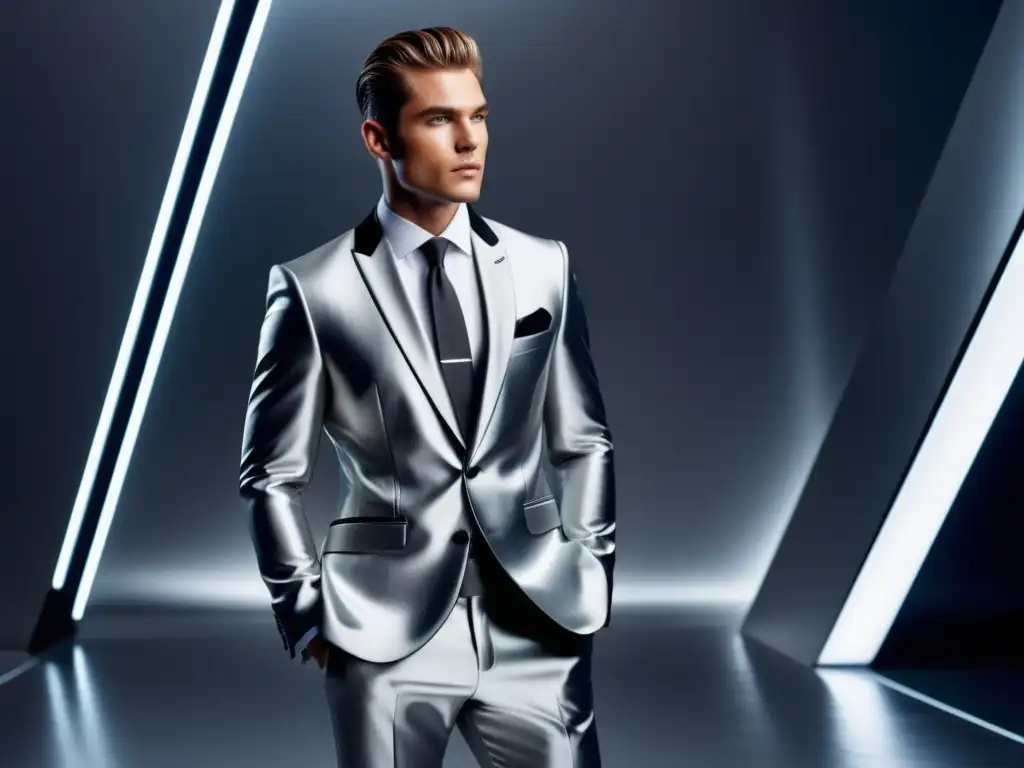 Beneficios color plata moda masculina: modelo elegante en traje plateado sofisticado, accesorios plata, fondo futurista