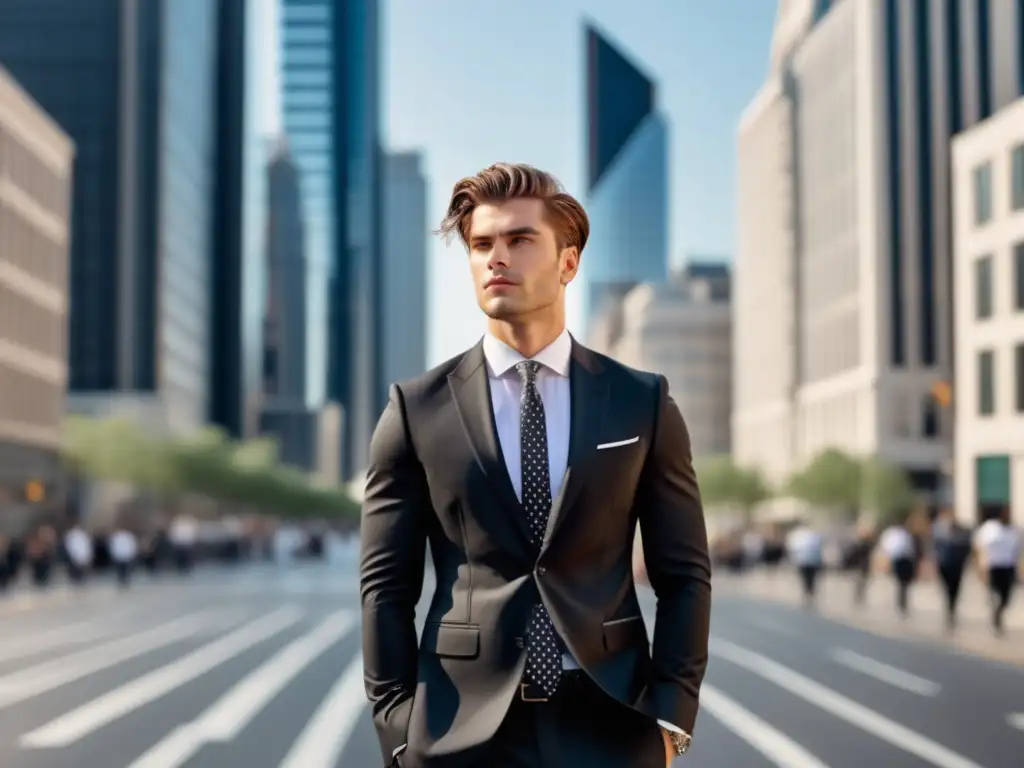 Influencia moda masculina: Modelo de moda masculina en la ciudad con traje negro elegante, camisa blanca ajustada y corbata de moda