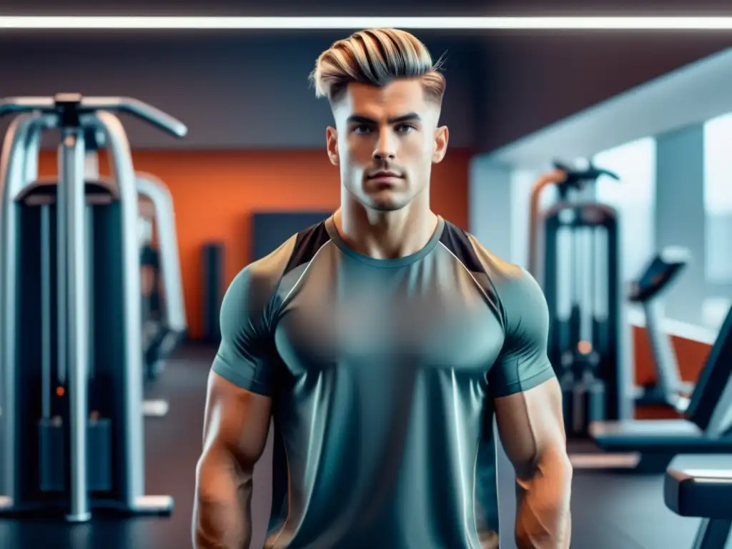 Tendencias masculinas deportivas: joven atlético con corte moderno en gimnasio futurista