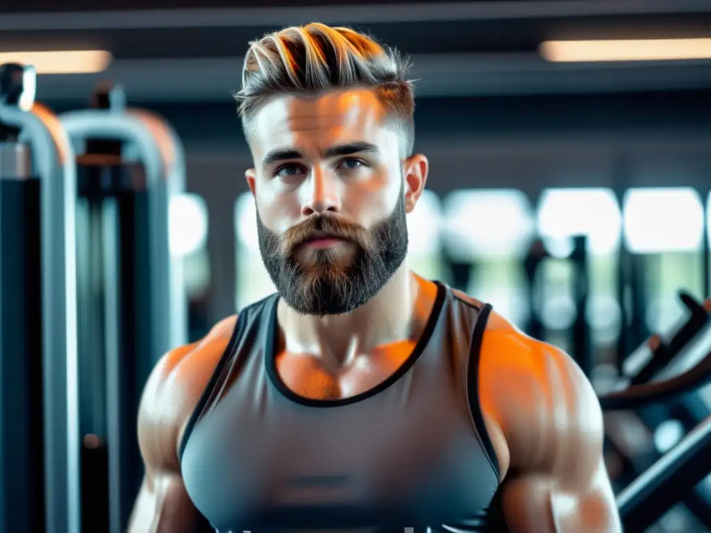 Hombre atlético con barba y cabello corto texturizado, luciendo un outfit deportivo moderno