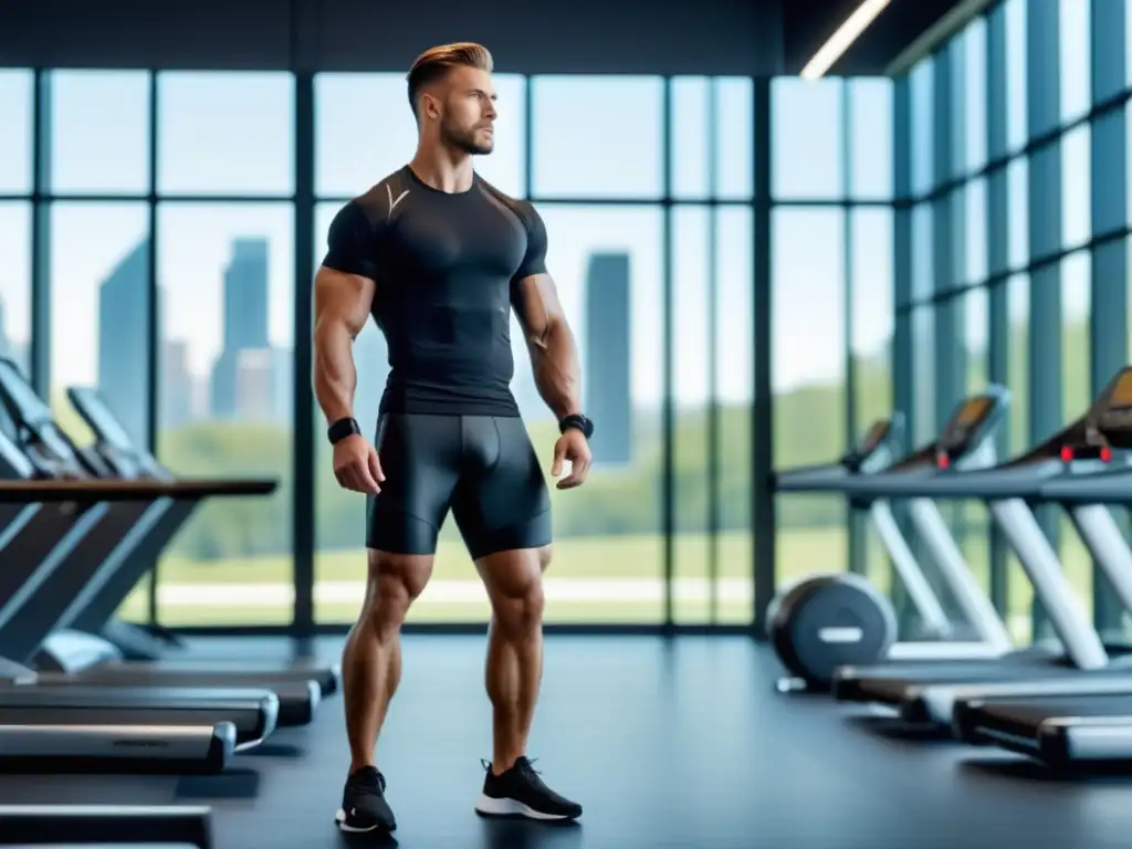 Ropa de gimnasio de moda para hombres en un gimnasio moderno con equipamiento y atuendo elegante