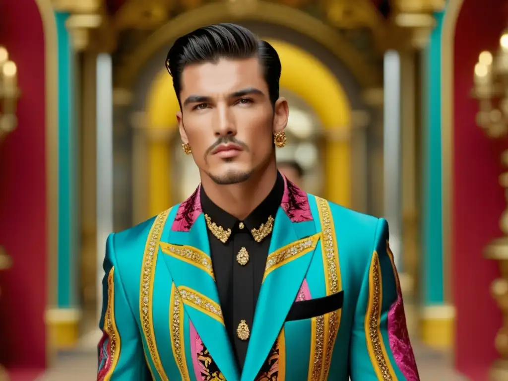 Tendencias moda masculina Dolce & Gabbana: Modelo con traje vibrante, colores llamativos, detalles intrincados, accesorios elegantes