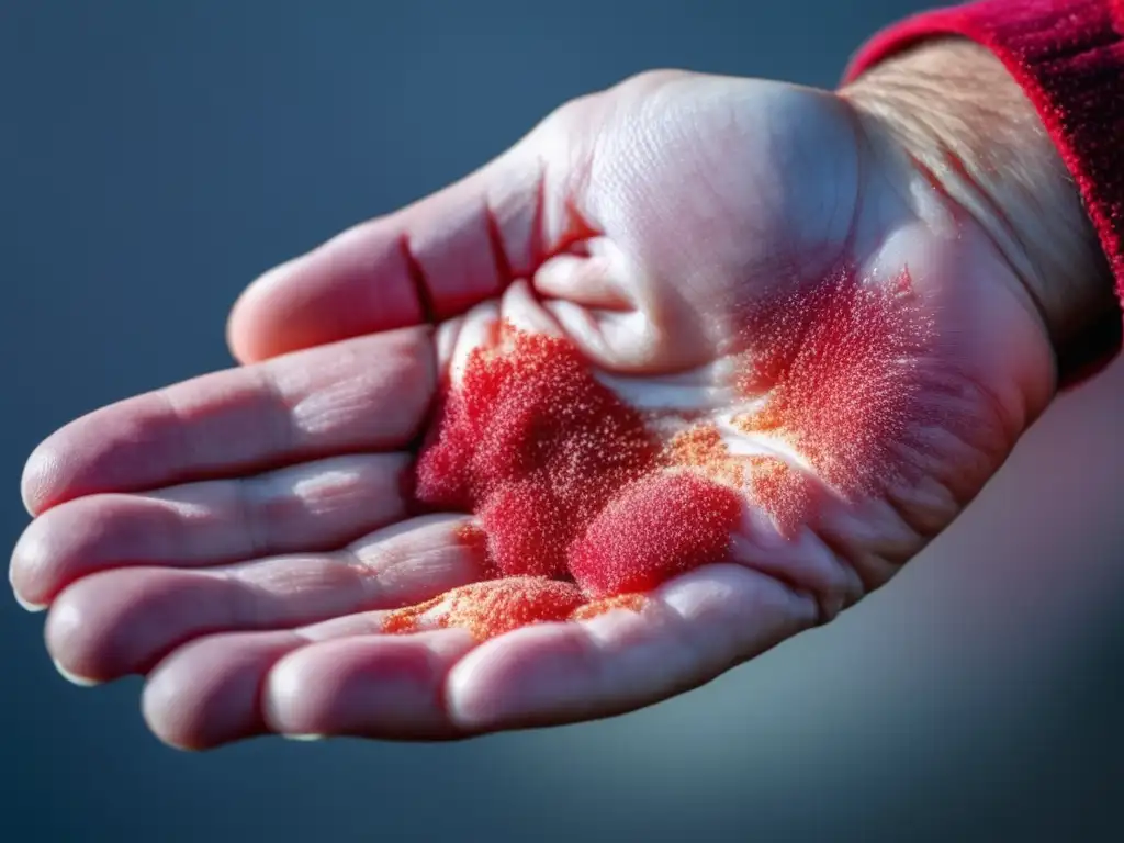 Tratamiento natural para el eccema masculino: imagen de mano con parches rojos y descamación